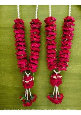 Traditional Red Rose Wedding Varmala Garland with Pearl Beads Artificial Flower String Wedding Varmala