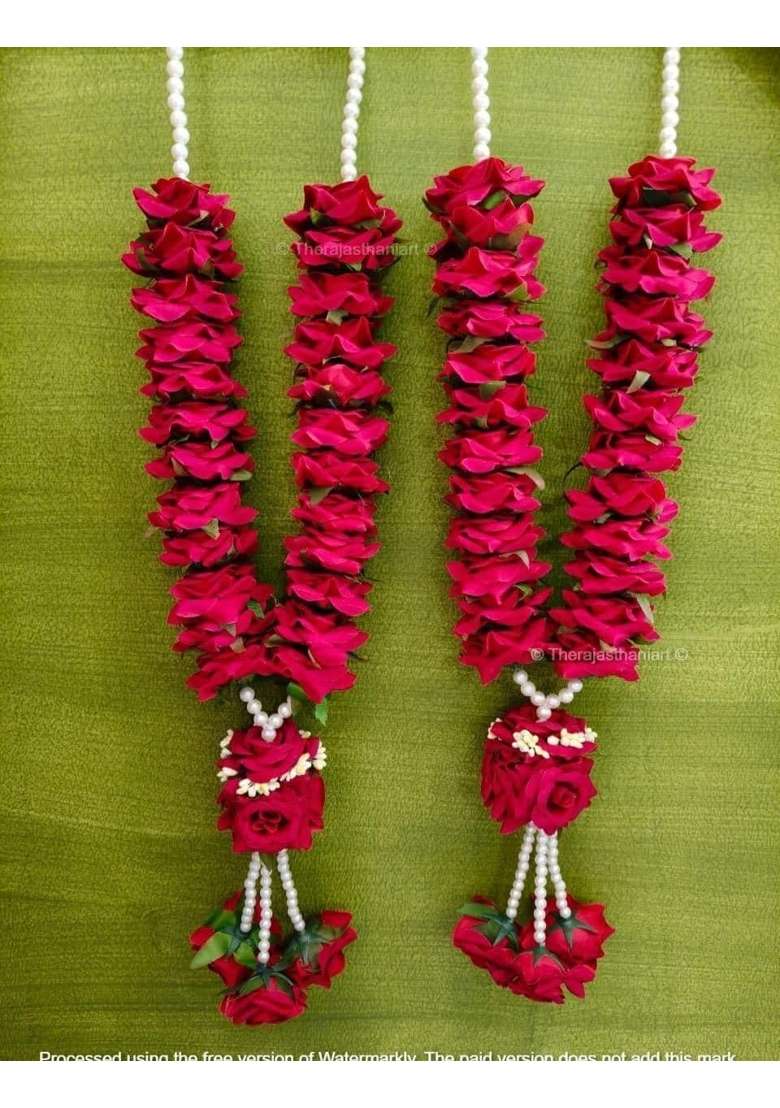 Traditional Red Rose Wedding Varmala Garland with Pearl Beads Artificial Flower String Wedding Varmala - Indya
