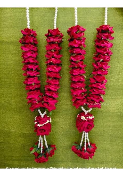 Traditional Red Rose Wedding Varmala Garland with Pearl Beads Artificial Flower String Wedding Varmala