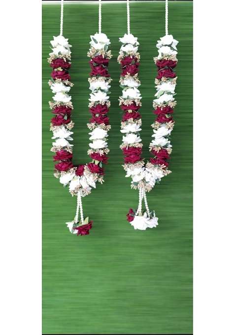 Artificial Flower Garland Red and White Roses with Gold Accents Traditional Wedding Varmala Piece Set of 2