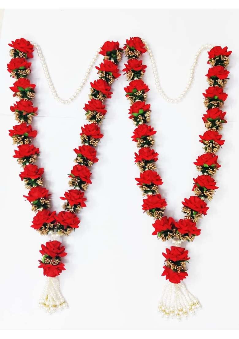 RJ Sales and Promotions Artificial Flowers Photo Bride Groom Garland 30 Point 77Inch Red Rose 2 Piece Jaimala - Indya