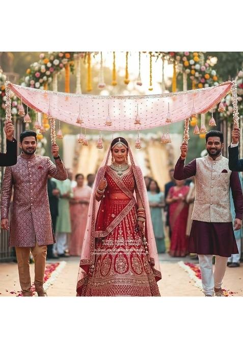Kaevion Light Pink Net Bridal Entry Chadar with Sequence Lace
