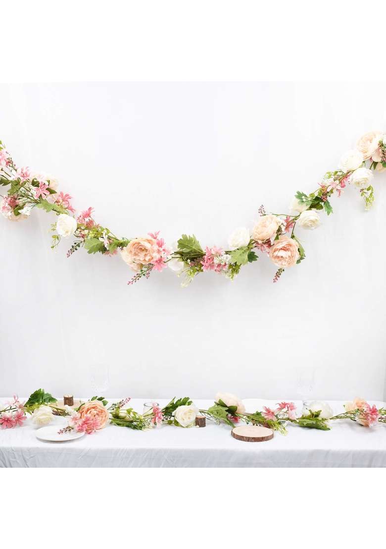 Lvydec Artificial Peony Flower Garland 6Ft Silk Peony Garland with Pink and White Flowers for Wedding Party - Indya