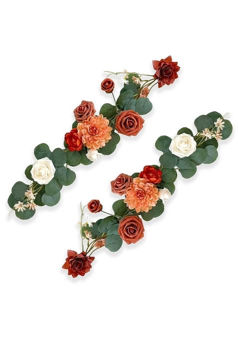 Roahosy 2Pcs Artificial Rose Flower Runner Terracotta Floral Garland Burnt Orange Flowers Greenery