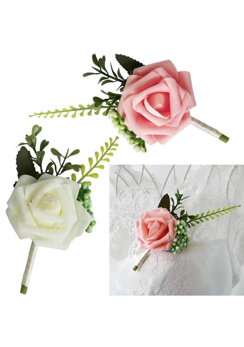 Ecomistiq 12Xpe Artificial Rose Flowers Corsages and Boutonniere for Wedding Party White - Indya