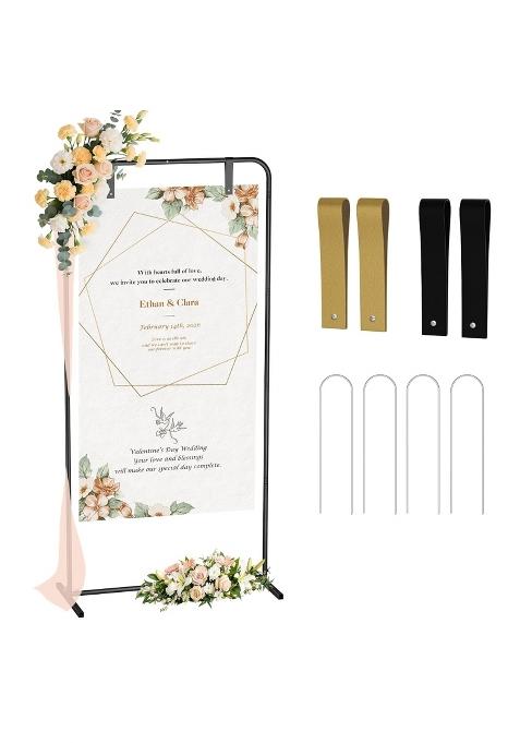 Babenest Welcome Sign Stand Black Adjustable Metal Linen Sign Holder with 4 Ground Stakes and 2 Leather Straps