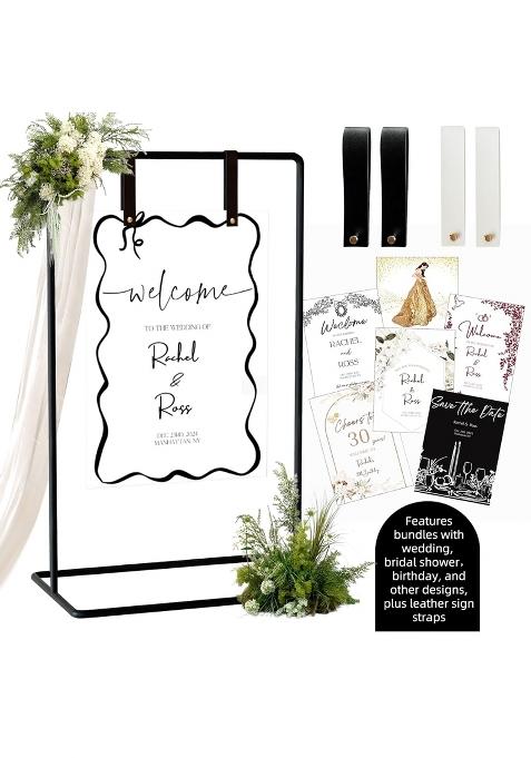 Furosa Wedding Sign Holder Black Adjustable Welcome to Our Wedding Sign Stand W Design Bundle and Leather Sign