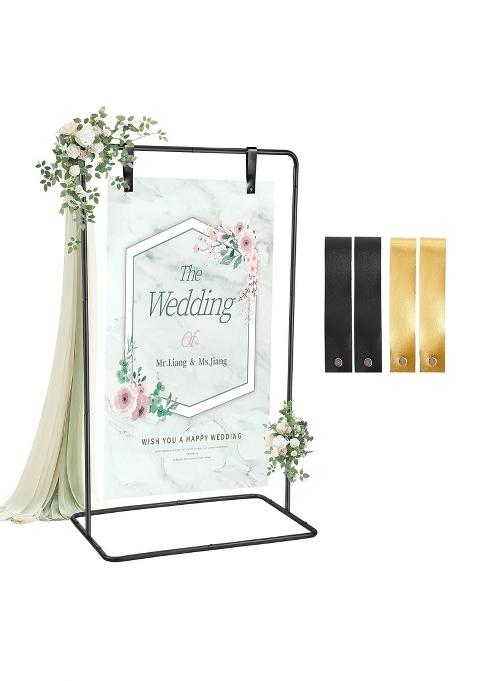 Parsebio Welcome Sign Holder Black Wedding Easel Stand with 4 Leather Straps