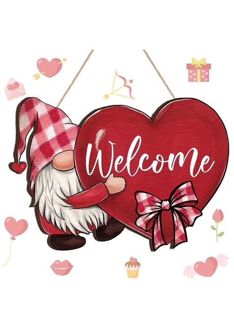 Marsui Valentines Day Gnome Welcome Sign for Front Door Wooden Red Love Heart Hanging Sign Valentine Gnome