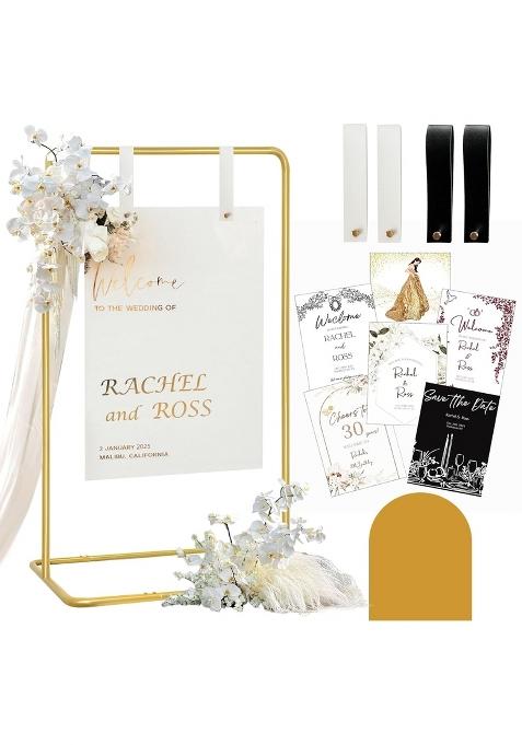 Furosa Wedding Sign Holder Gold Adjustable Welcome to Our Wedding Sign Stand W Design Bundle and Leather Sign
