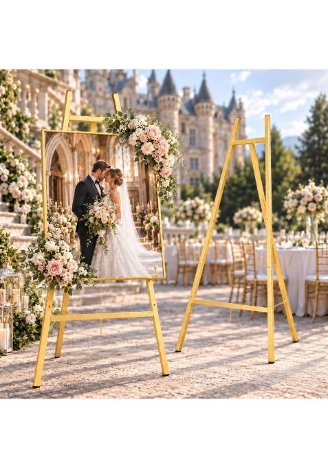 Gtsabway Gold Metal Easel Stand for Sign Heavy Duty Art Easel with Adjustable Chain Tripod Structure Height