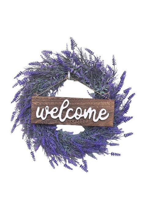 Urjix Artificial Lavender Flower Wreath Garland Outdoor Front Door Welcome Sign