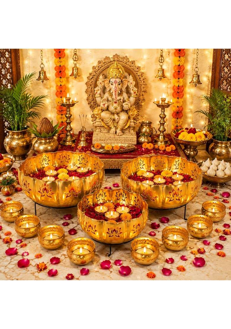 TIED Ribbons Metal Decorative Urli Bowl Gold Multi Size Set of 11 - Indya