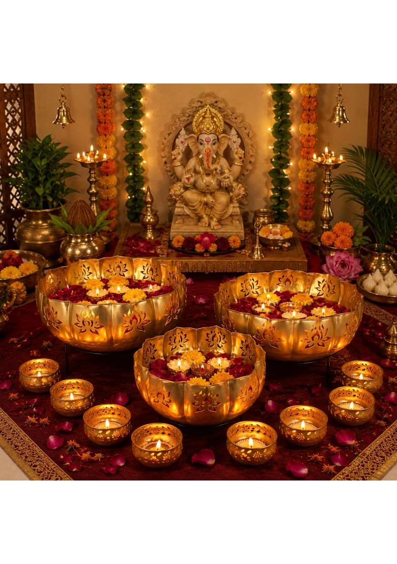 TIED Ribbons Metal Decorative Urli Bowl Gold Multi Size Set of 11 - Indya