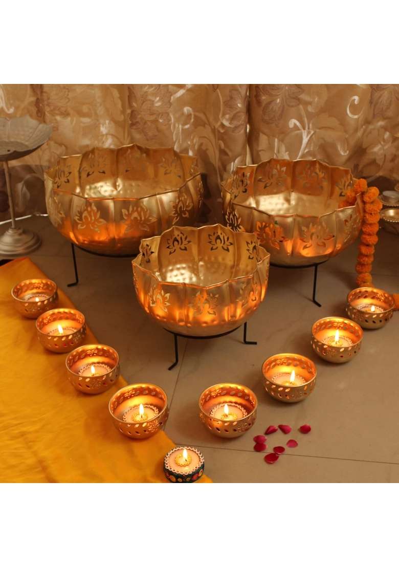 TIED Ribbons Metal Decorative Urli Bowl Gold Multi Size Set of 11 - Indya