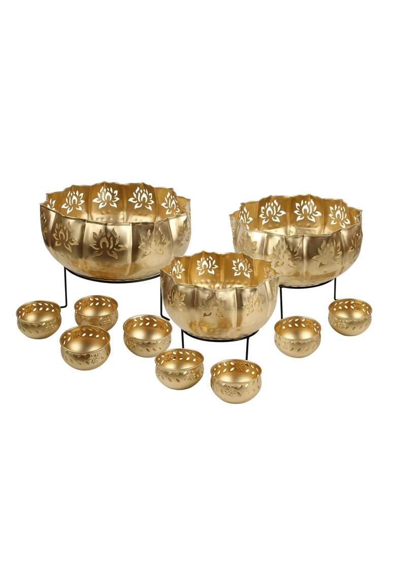 TIED Ribbons Metal Decorative Urli Bowl Gold Multi Size Set of 11 - Indya