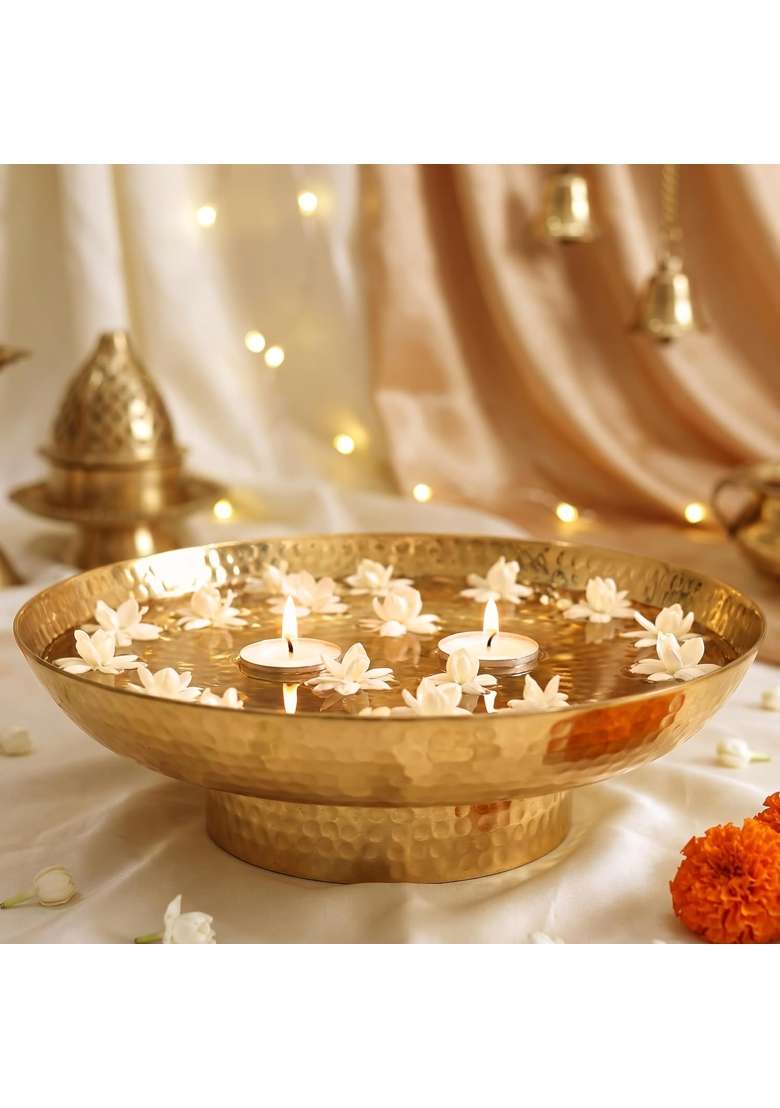 Behoma Golden Metal Hammered Urli Bowl 10 Inch 1000ML - Indya