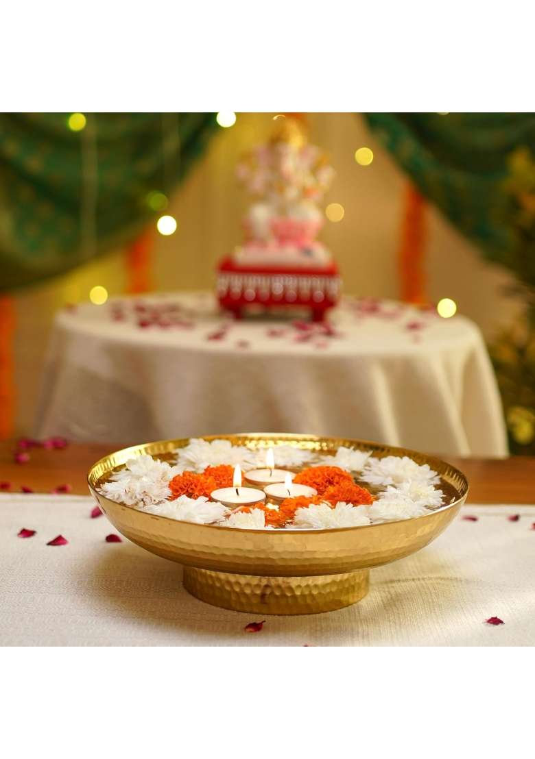 Behoma Golden Metal Hammered Urli Bowl 10 Inch 1000ML - Indya
