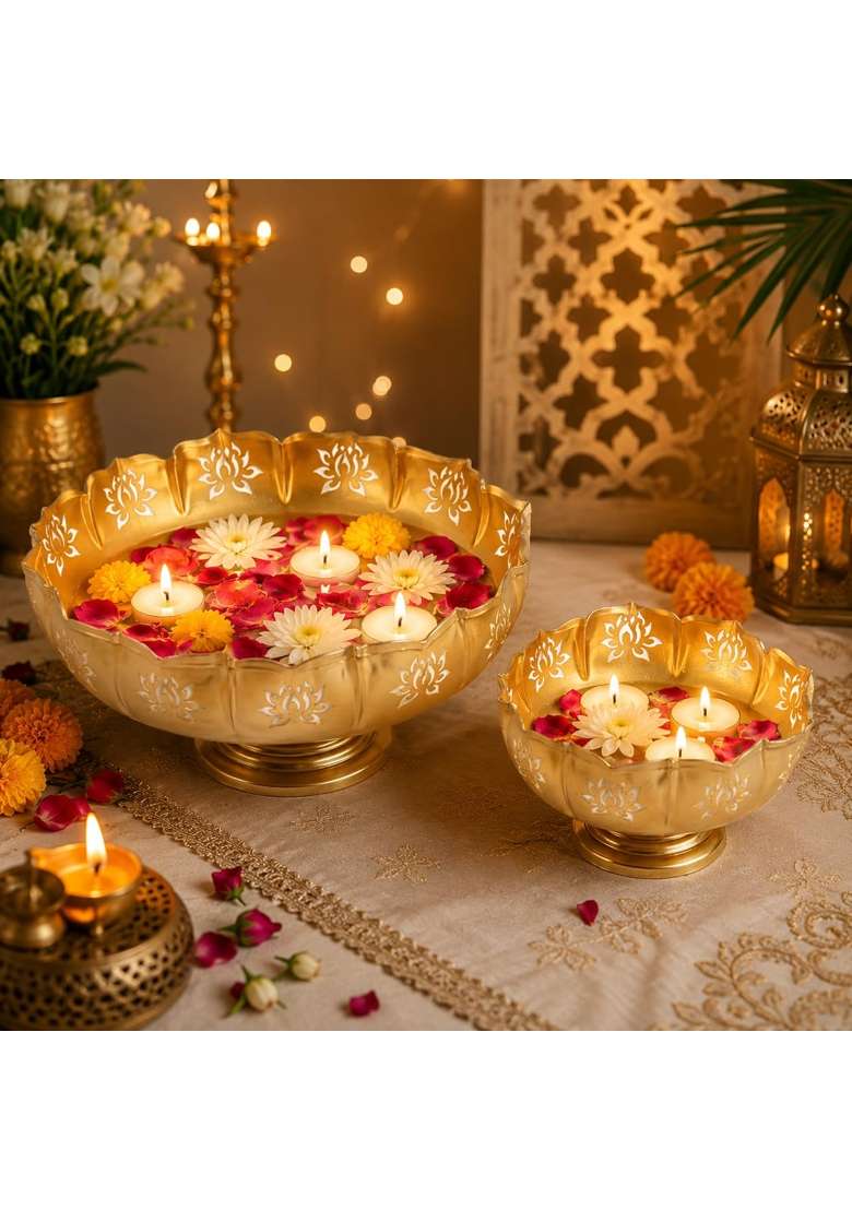 TIED Ribbons Gold Urli Bowl with Stand Iron 30 Point 4 CM X 17 Point 8 CM and 25 Point 4 CM X 15 Set of 2 - Indya