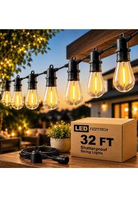Fizzytech Outdoor String Lights E26 Bulb 10 Meter Warm White Waterproof Lights for Balcony Garden Patio