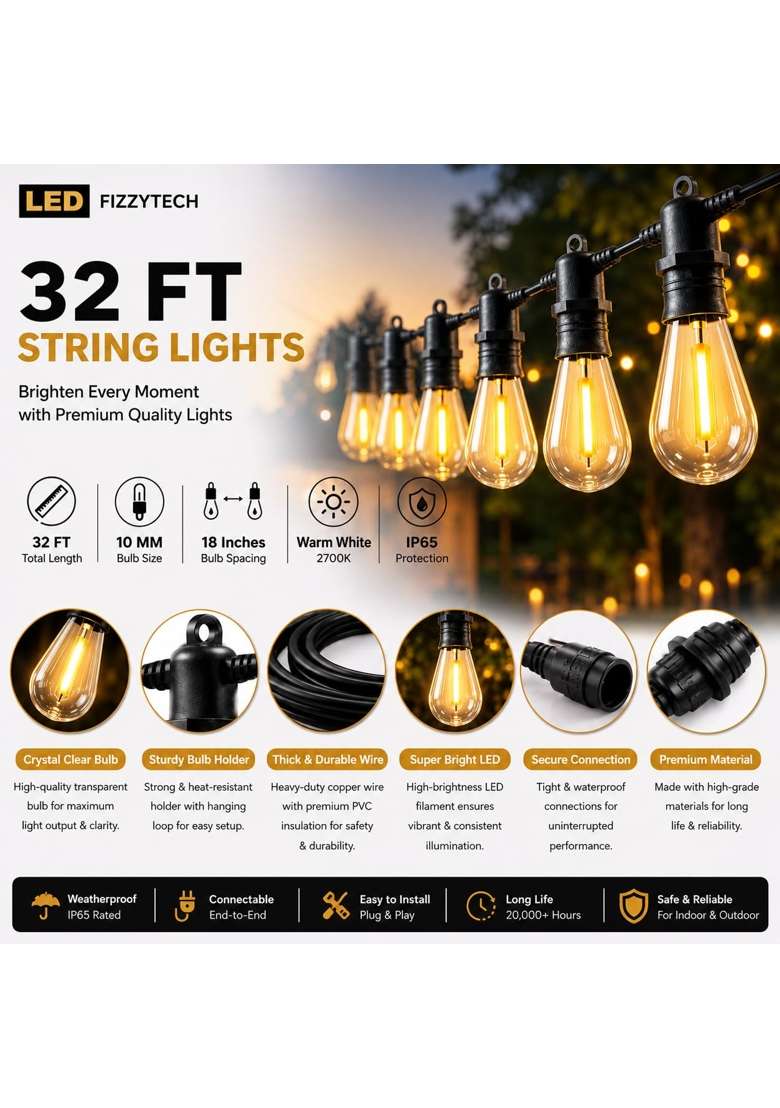 Fizzytech Outdoor String Lights E26 Bulb 10 Meter Warm White Waterproof Lights for Balcony Garden Patio - Indya