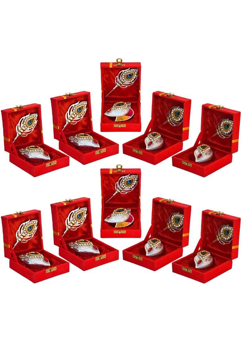 Saugat Traders Silver Plated Haldi Kumkum Tilak Stick Gift Box Return Gifts for Puja Favors Items Pack of 10 - Indya