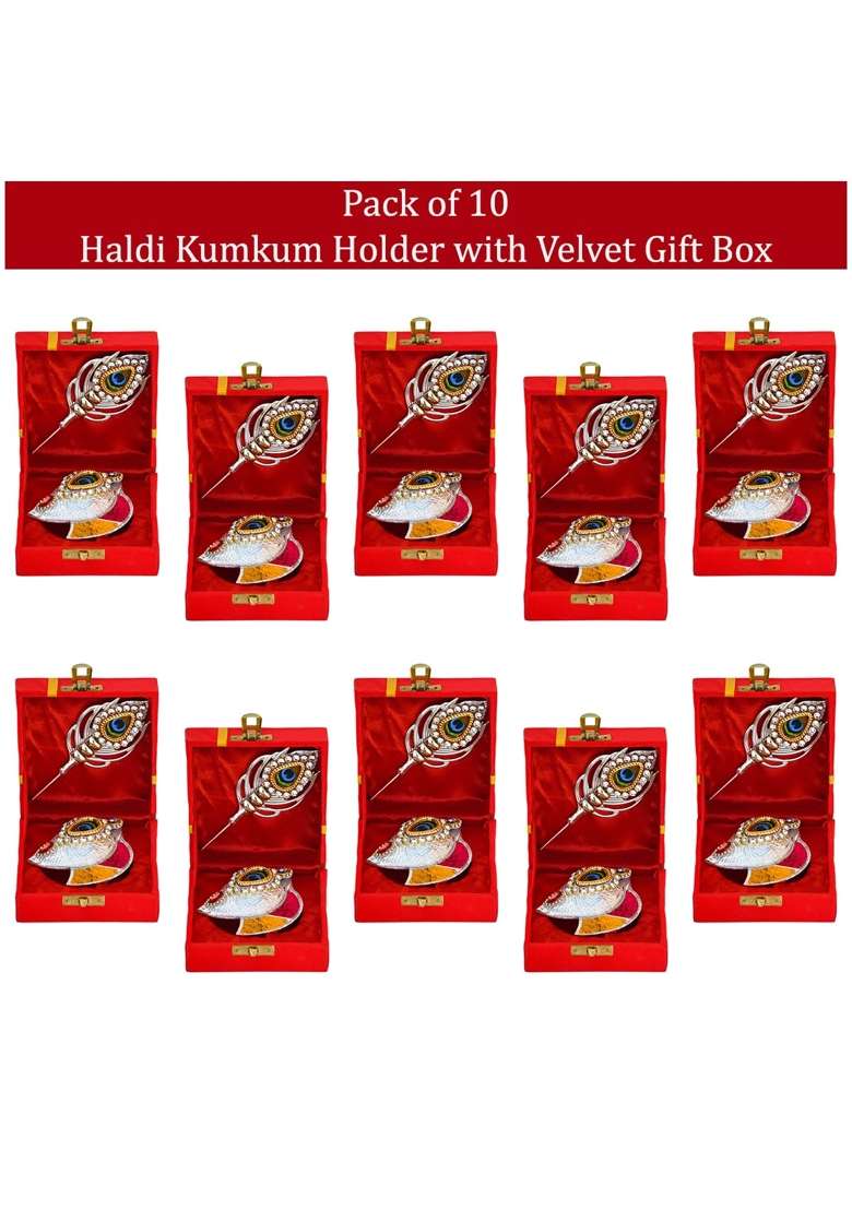 Saugat Traders Silver Plated Haldi Kumkum Tilak Stick Gift Box Return Gifts for Puja Favors Items Pack of 10 - Indya