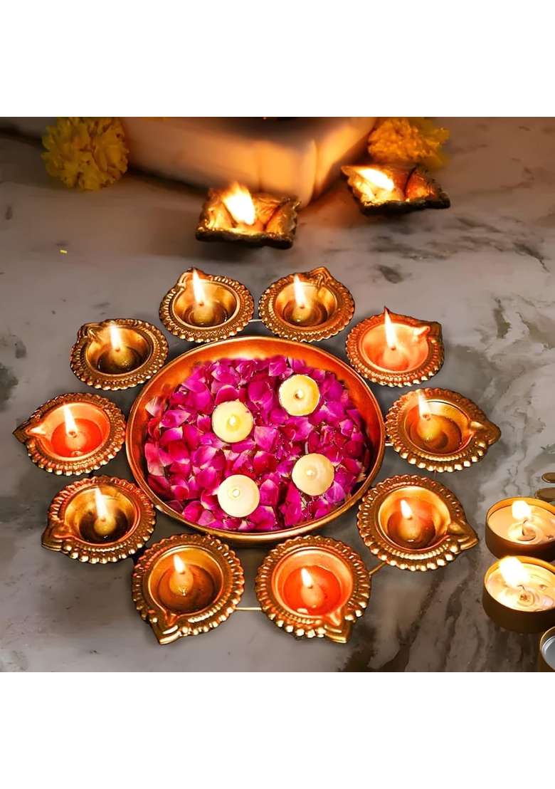 Craftvatika Gold Iron Urli Bowl for Home Decor Decorative Diya Flower Shape Flower Pack of 5 - Indya