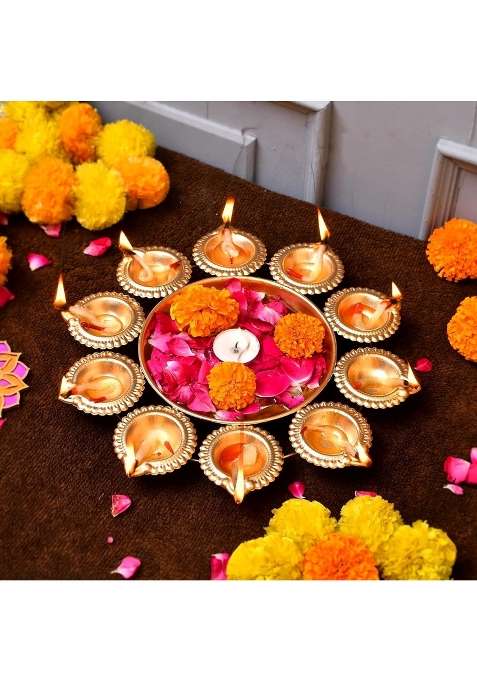 Craftvatika Gold Iron Urli Bowl for Home Decor Decorative Diya Flower Shape Flower Pack of 5