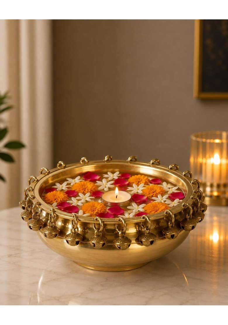 Two Moustaches 100 Percent Pure Brass Ethnic Traditional 6 Inches Urli Bowl with Bells Showpiece Pack of 1 - Indya
