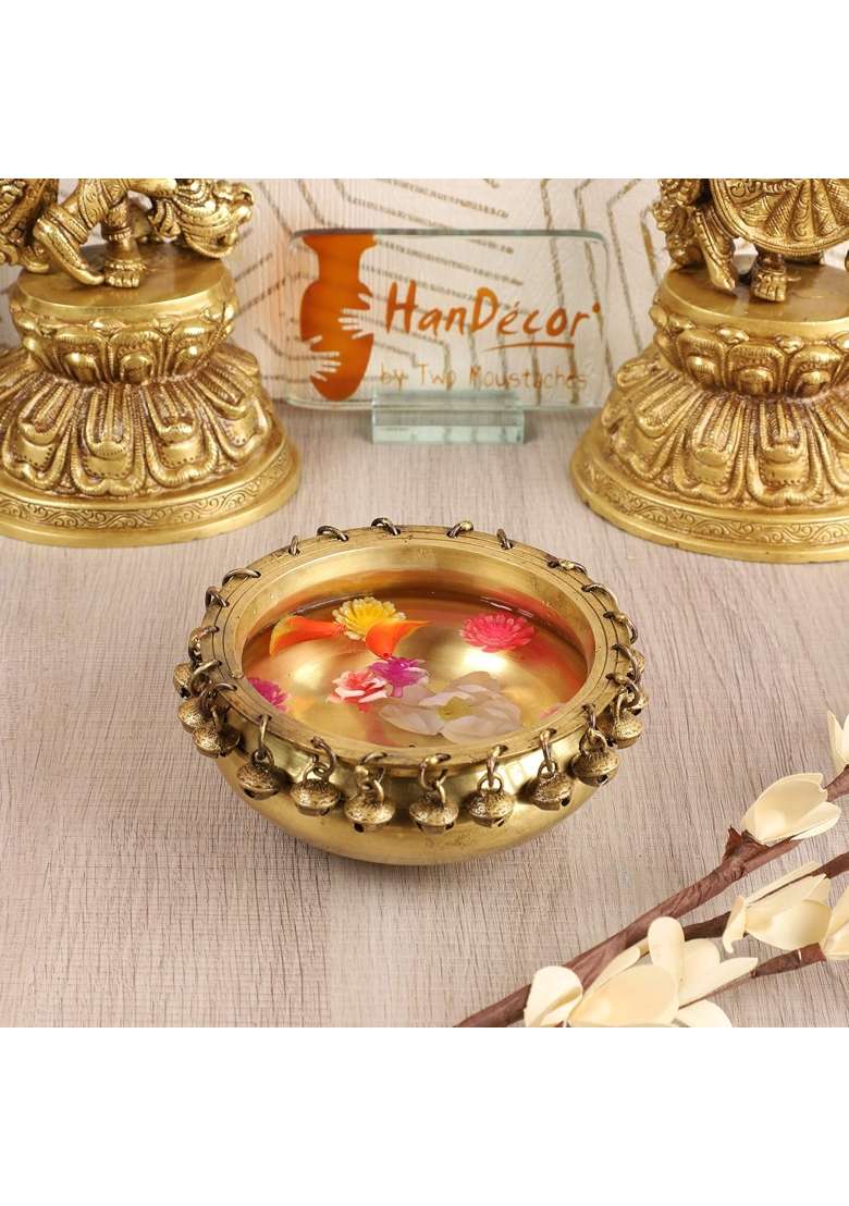 Two Moustaches 100 Percent Pure Brass Ethnic Traditional 6 Inches Urli Bowl with Bells Showpiece Pack of 1 - Indya