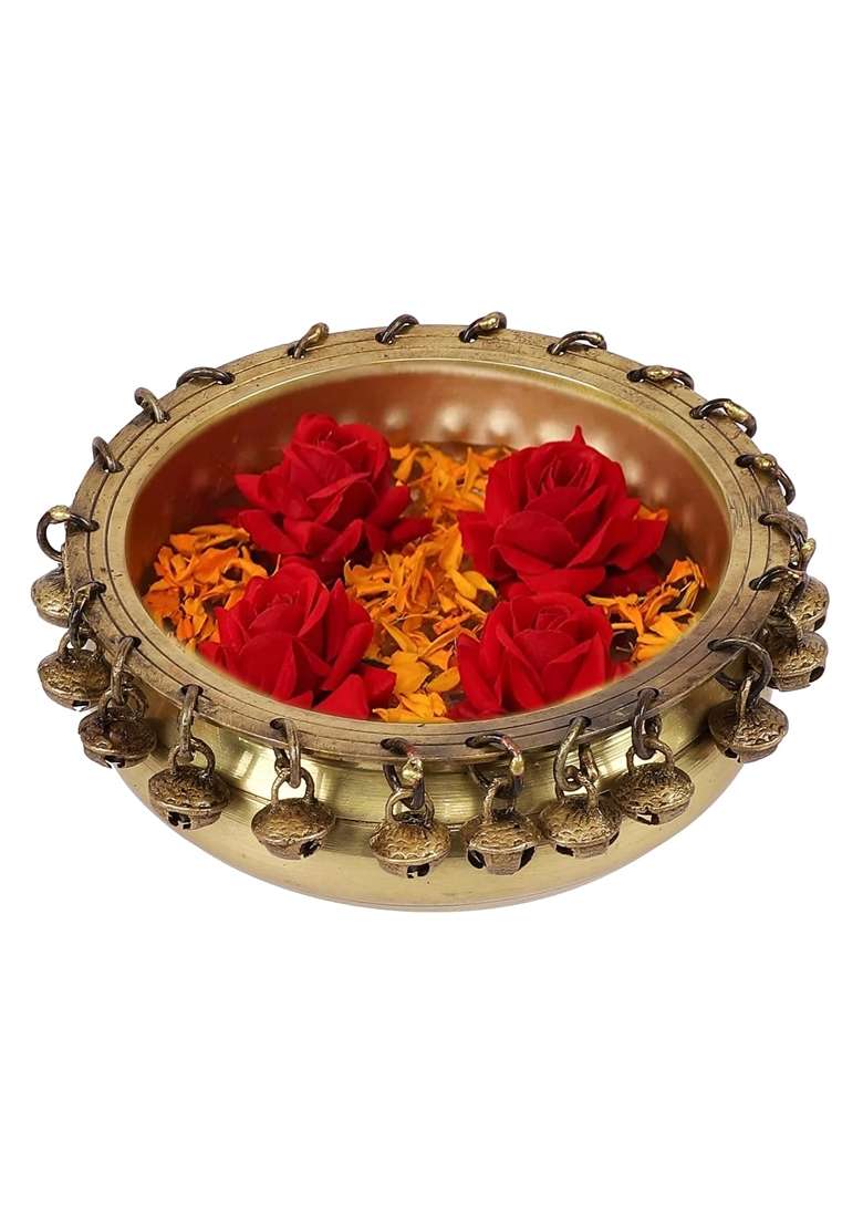 Two Moustaches 100 Percent Pure Brass Ethnic Traditional 6 Inches Urli Bowl with Bells Showpiece Pack of 1 - Indya