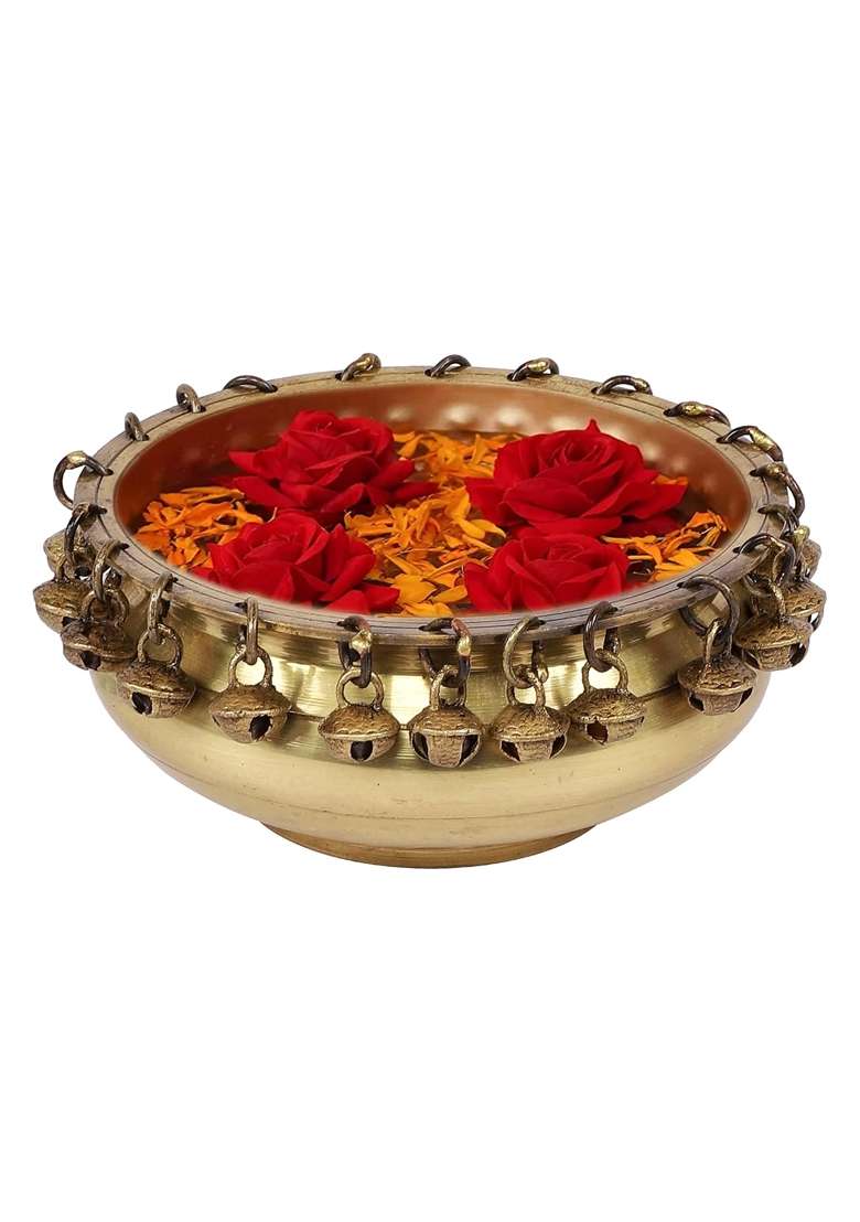 Two Moustaches 100 Percent Pure Brass Ethnic Traditional 6 Inches Urli Bowl with Bells Showpiece Pack of 1 - Indya