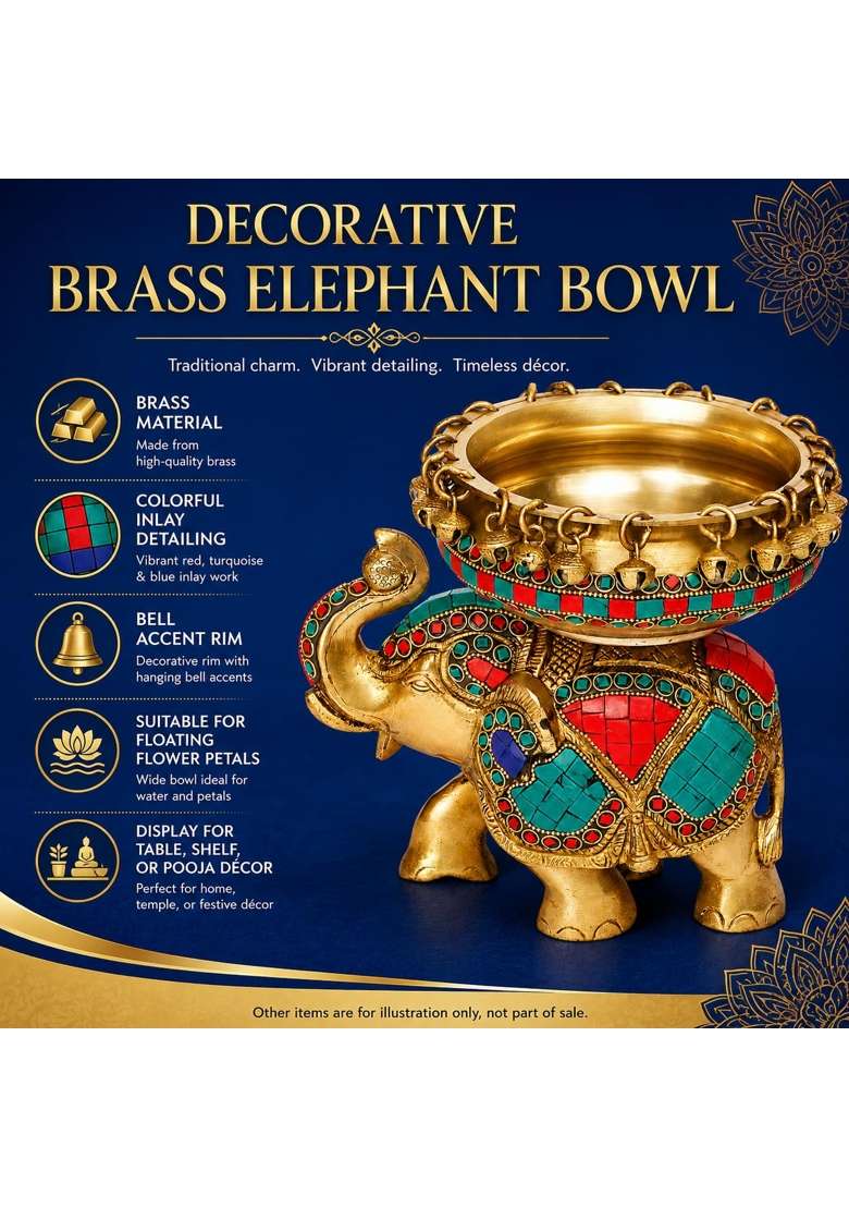 Kartique Multicolour Brass Elephant Urli Bowl with Bells Stone Inlay 7 and Half Inch - Indya