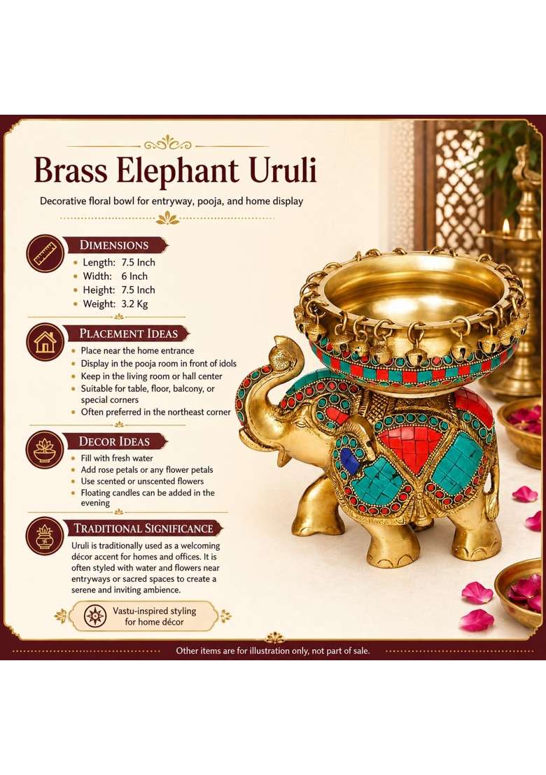 Kartique Multicolour Brass Elephant Urli Bowl with Bells Stone Inlay 7 and Half Inch - Indya