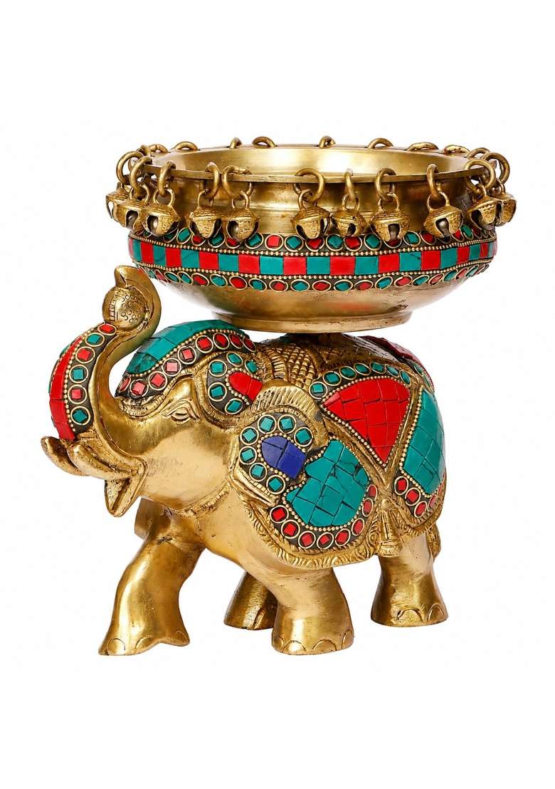 Kartique Multicolour Brass Elephant Urli Bowl with Bells Stone Inlay 7 and Half Inch - Indya