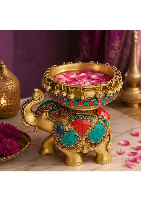 Kartique Multicolour Brass Elephant Urli Bowl with Bells Stone Inlay 7 and Half Inch