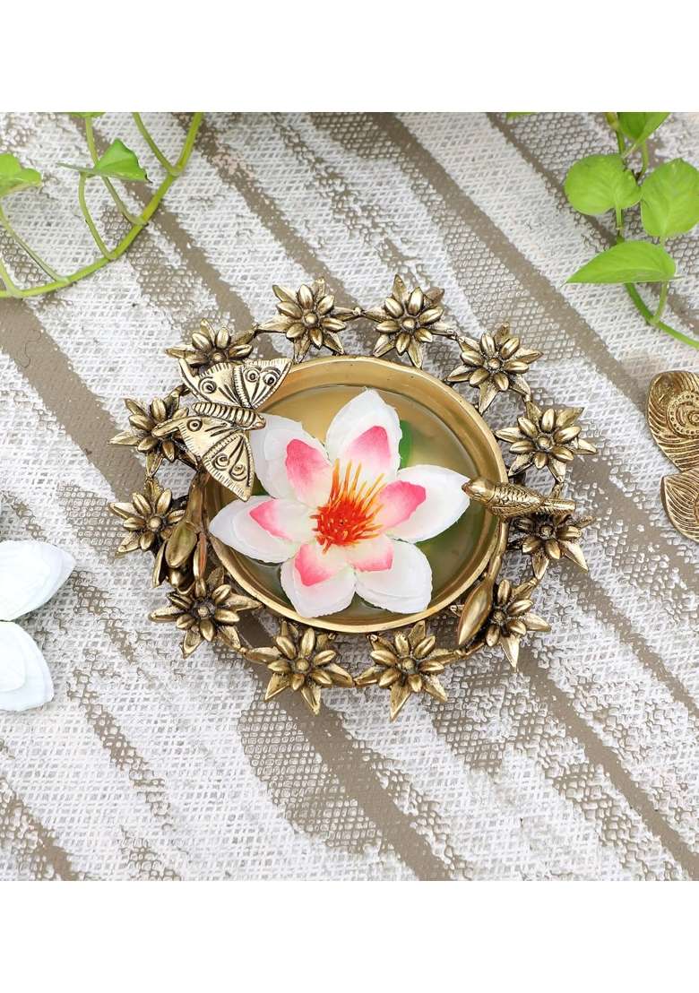 Two Moustaches Traditional Flowers Bird and Butterfly Style Brass Urli Bowl Pack of 1 - Indya