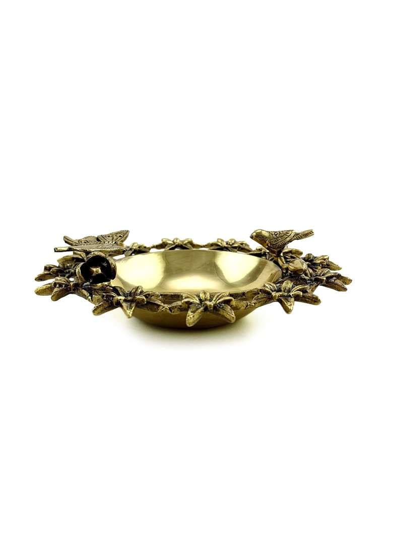 Two Moustaches Traditional Flowers Bird and Butterfly Style Brass Urli Bowl Pack of 1 - Indya