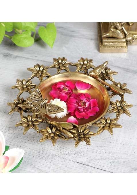 Two Moustaches Traditional Flowers Bird and Butterfly Style Brass Urli Bowl Pack of 1