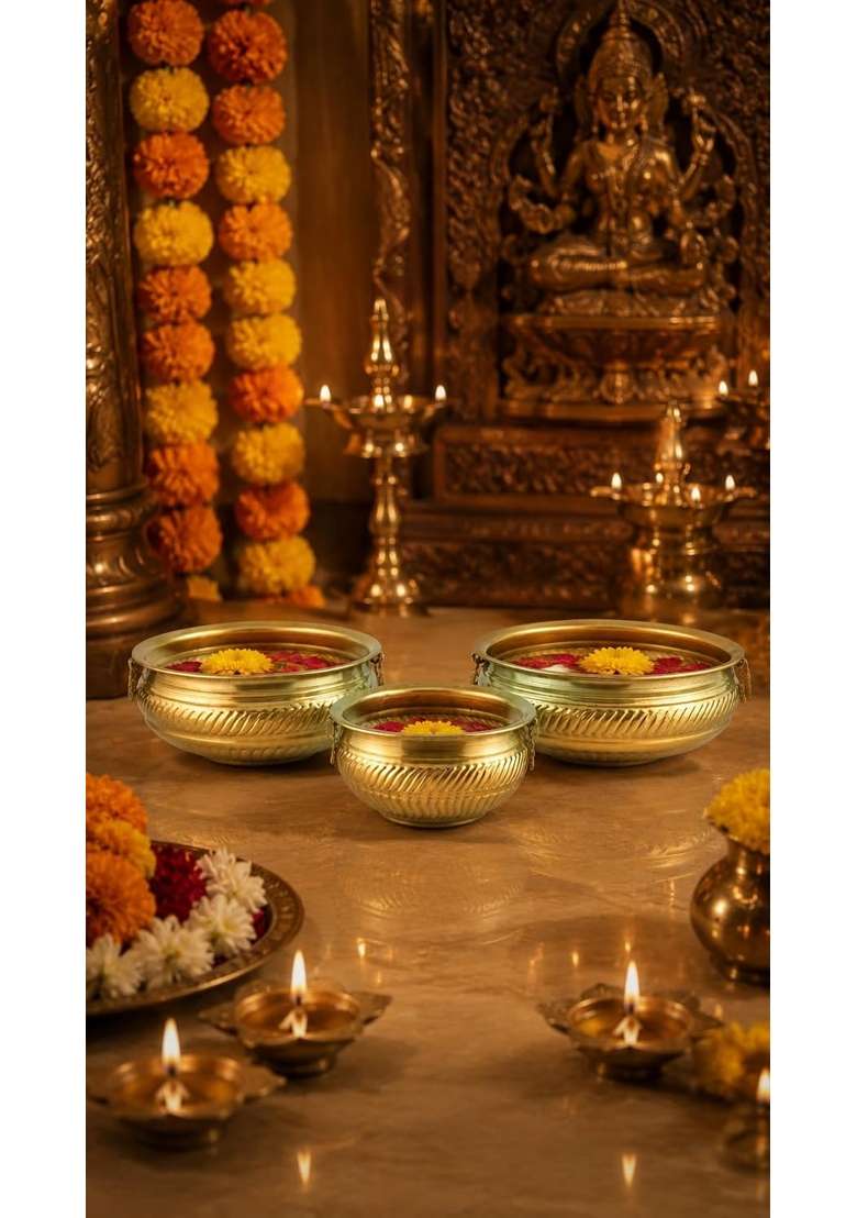 Deco Crush Golden Brass Finish Urli Bowl for Home Decor Floating Flower and Candle Bowl Set of 3 - Indya