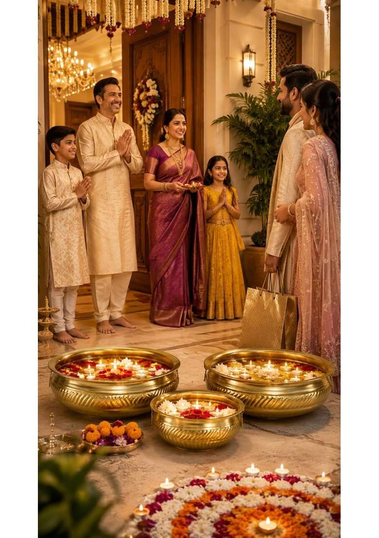 Deco Crush Golden Brass Finish Urli Bowl for Home Decor Floating Flower and Candle Bowl Set of 3 - Indya