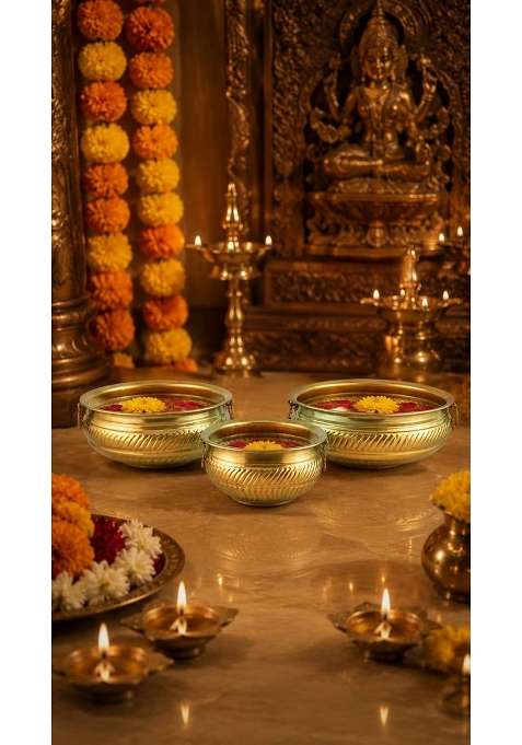 Deco Crush Golden Brass Finish Urli Bowl for Home Decor Floating Flower and Candle Bowl Set of 3