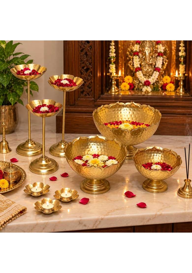 Zelvio Brass Urli Bowl Set with Flower Stand Diyas Gold Finish Taj Urli Floating Flower Set Set of 9 - Indya