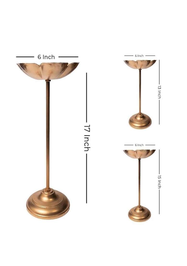 Zelvio Brass Urli Bowl Set with Flower Stand Diyas Gold Finish Taj Urli Floating Flower Set Set of 9 - Indya