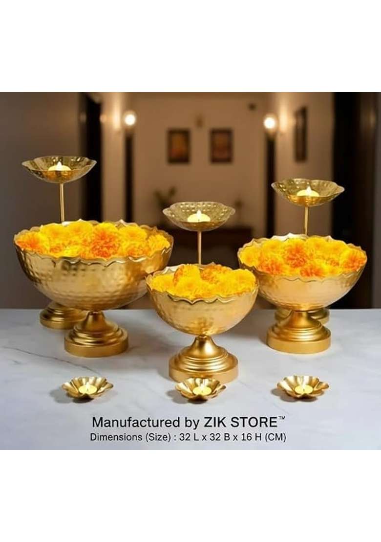 Zelvio Brass Urli Bowl Set with Flower Stand Diyas Gold Finish Taj Urli Floating Flower Set Set of 9 - Indya