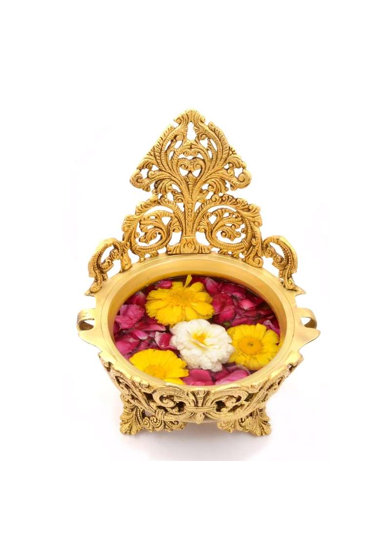 Two Moustaches 10 and Half Inches Ethnic Design Brass Urli Traditional Bowl Decor Showpiece Pack of 1 - Indya