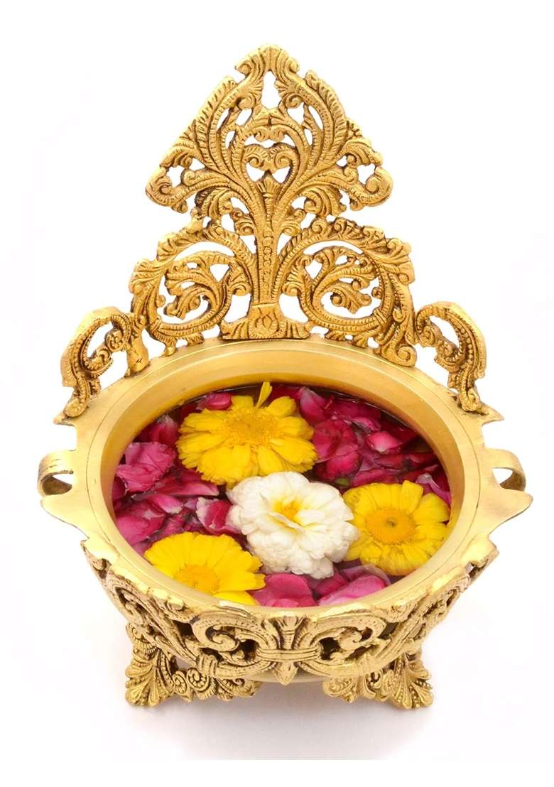 Two Moustaches 10 and Half Inches Ethnic Design Brass Urli Traditional Bowl Decor Showpiece Pack of 1 - Indya