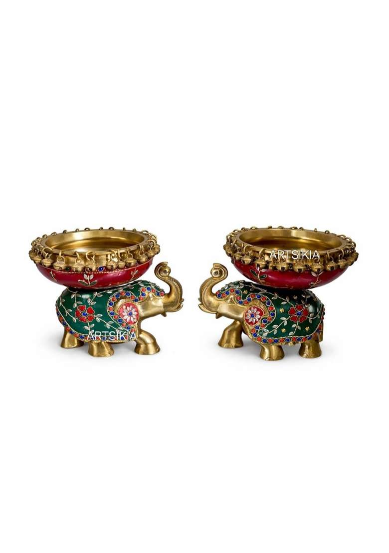 MVS Handmade Decorative Diya and Flower Urli with Hanging Bells for Home Decor Pooja Set of 2 - Indya