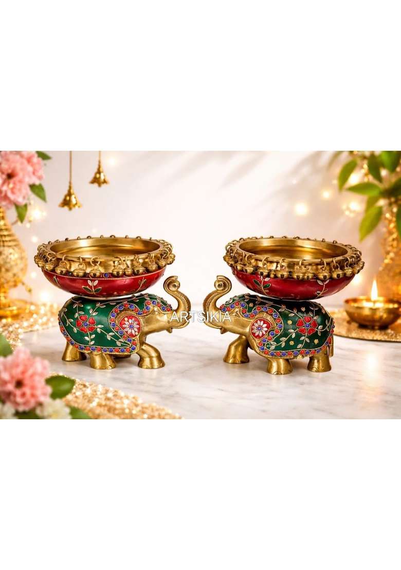 MVS Handmade Decorative Diya and Flower Urli with Hanging Bells for Home Decor Pooja Set of 2 - Indya